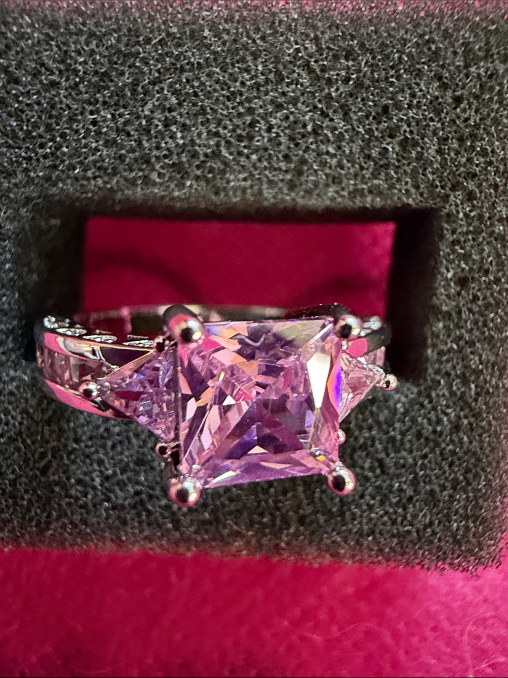 Pink Princess-Cut Ring & Pink Side Accents, SZ 8, (J296)